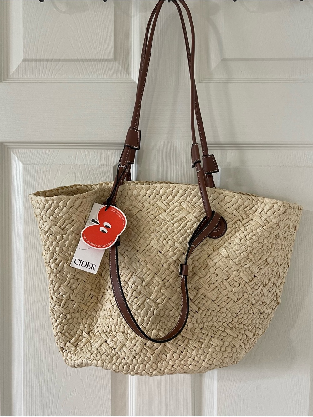 Cider Natural Straw Tote with Brown Leather Straps